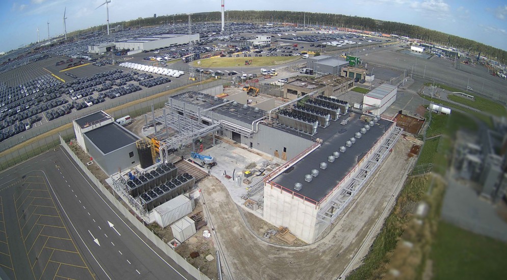 Aerial view of industrial construction site.