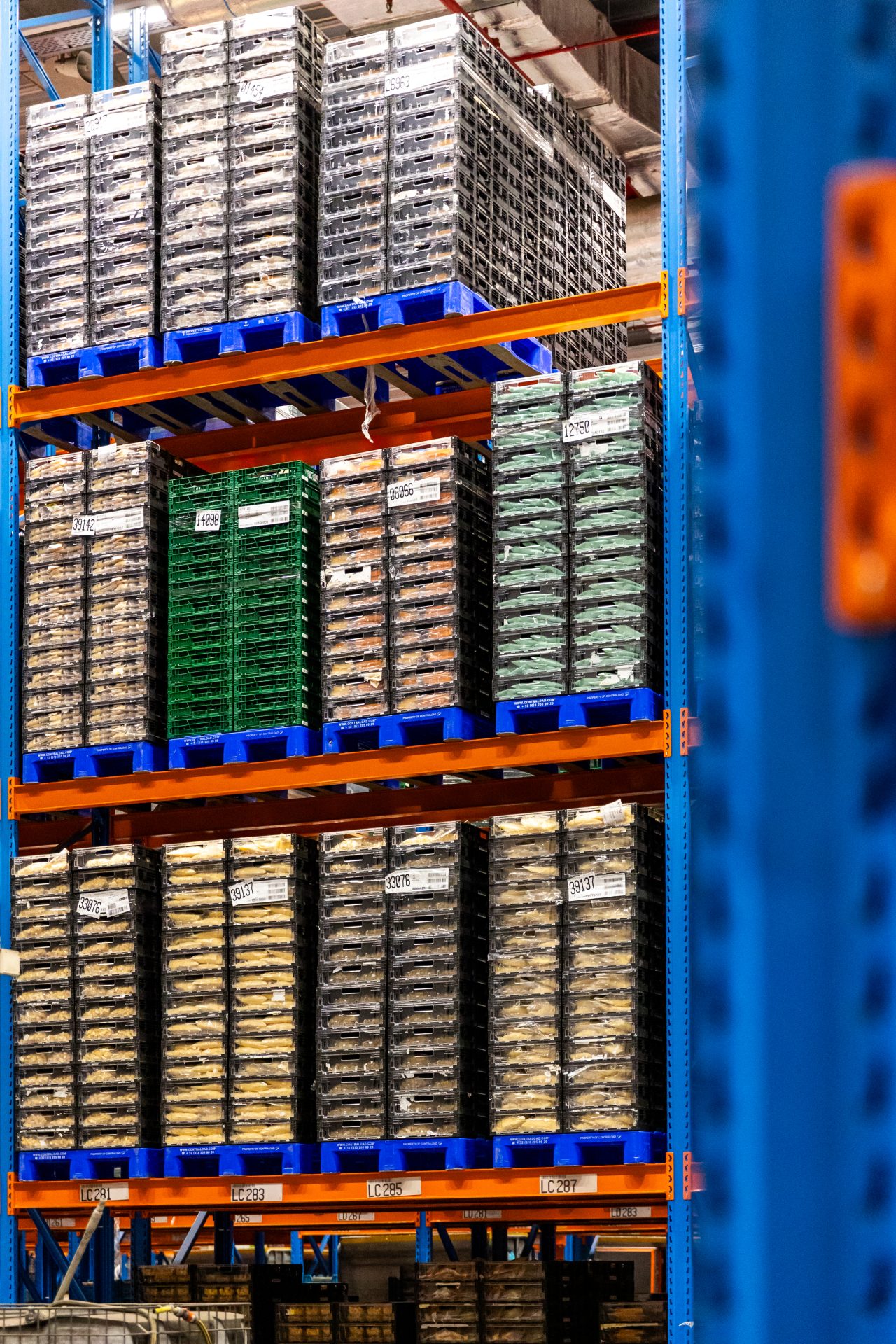 Colorful stacked pallets in warehouse